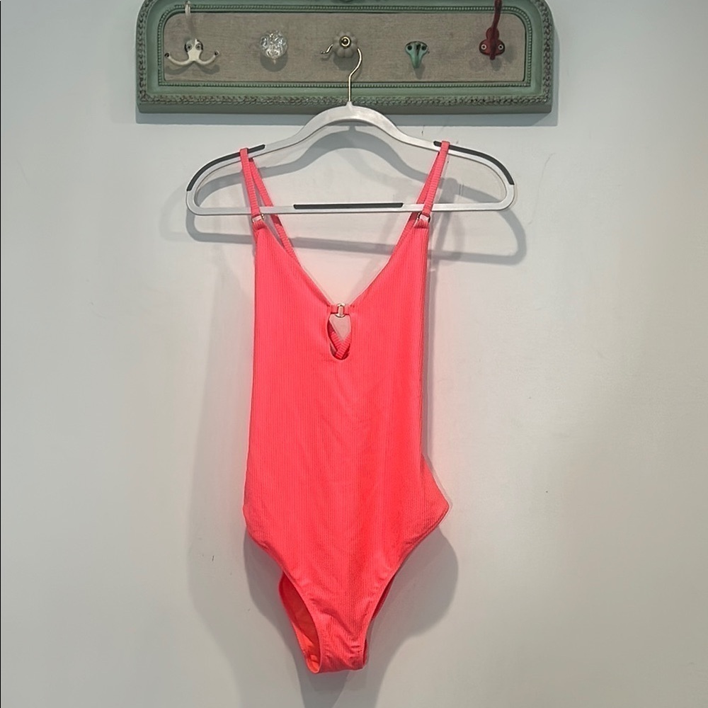 Aerie ribbed Vibrant Pink coral gold loop One-Piece Swimsuit new w tag large